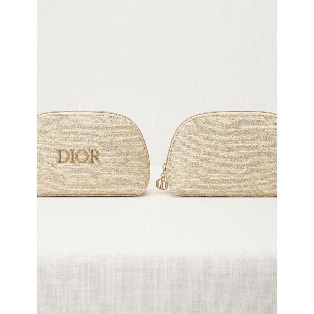 Dior Beauty Off White Gold Metallic Woven Cosmetic Bag Makeup
